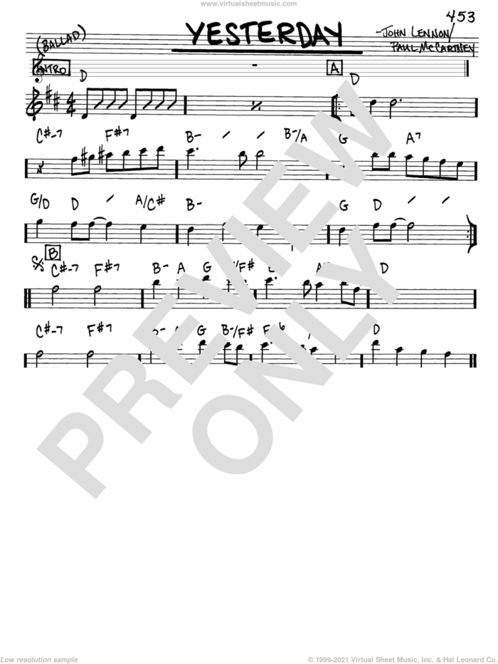 Yesterday sheet music for voice and other instruments (in Eb) by The Beatles, John Lennon and Paul McCartney, intermediate skill level