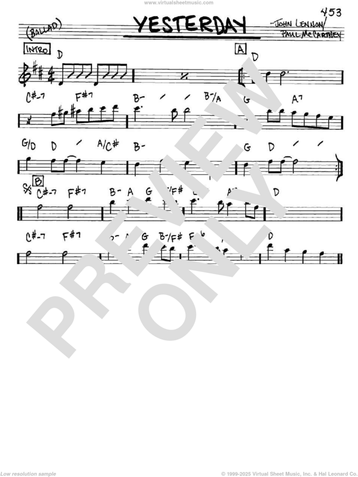 Yesterday sheet music for voice and other instruments (in Eb) by The Beatles, John Lennon and Paul McCartney, intermediate skill level