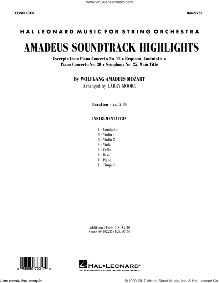 Amadeus Soundtrack Highlights (COMPLETE) sheet music for orchestra by Wolfgang Amadeus Mozart and Larry Moore, classical score, intermediate skill level