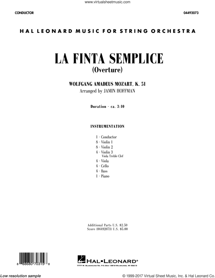 La Finta Semplice (Overture) (COMPLETE) sheet music for orchestra by Wolfgang Amadeus Mozart and Jamin Hoffman, classical score, intermediate skill level