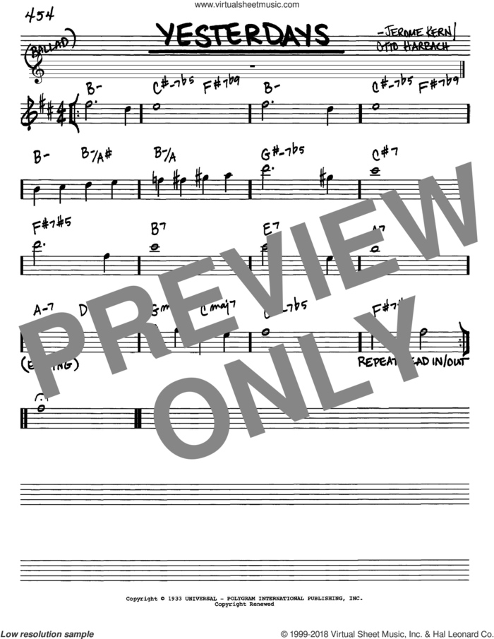 Yesterdays sheet music for voice and other instruments (in Eb) by Jerome Kern and Otto Harbach, intermediate skill level
