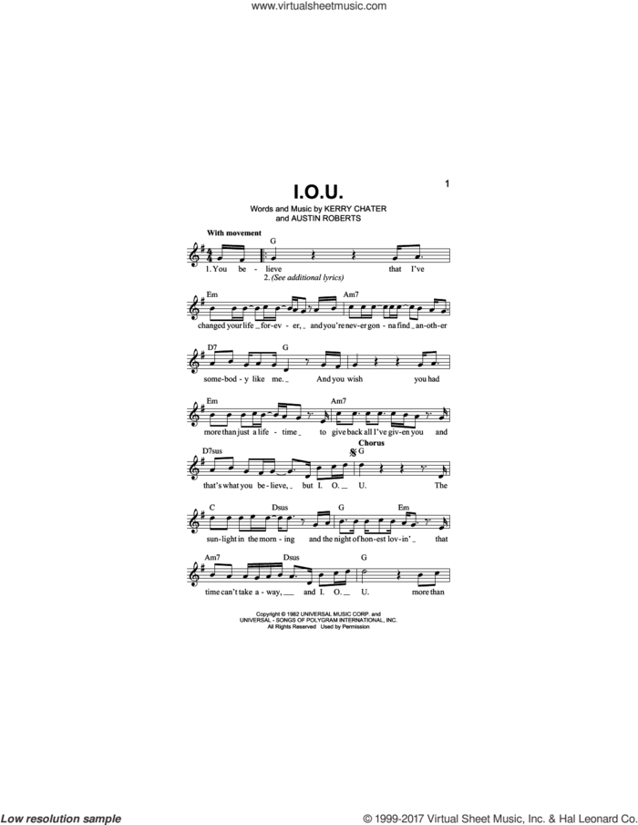 I.O.U. sheet music for voice and other instruments (fake book) by Lee Greenwood, Austin Roberts and Kerry Chater, intermediate skill level