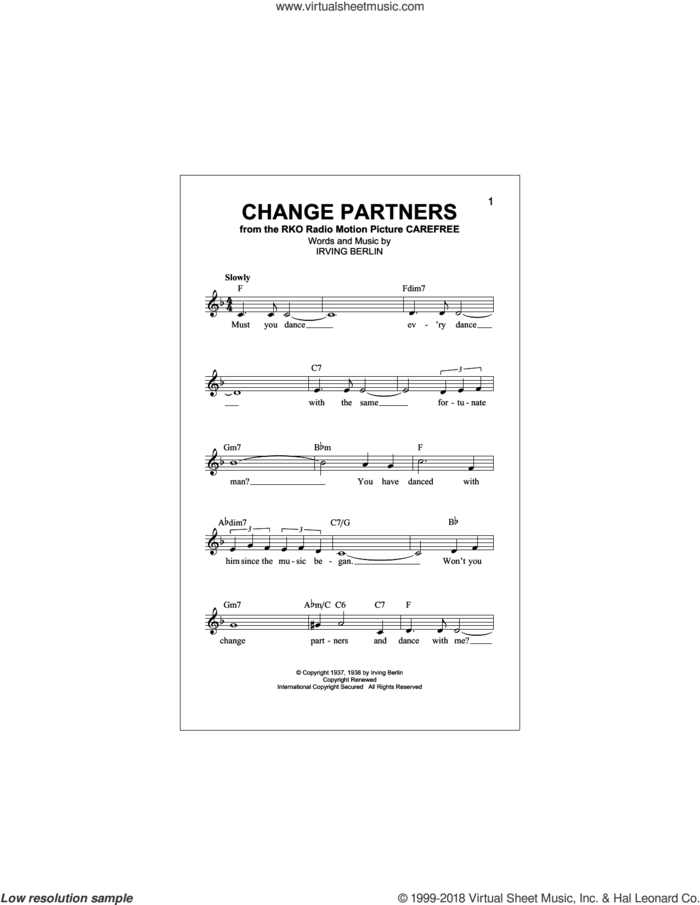 Change Partners sheet music for voice and other instruments (fake book) by Irving Berlin, Ella Fitzgerald, Fred Astaire & Ginger Rogers, Jimmy Dorsey and Lawrence Welk, intermediate skill level