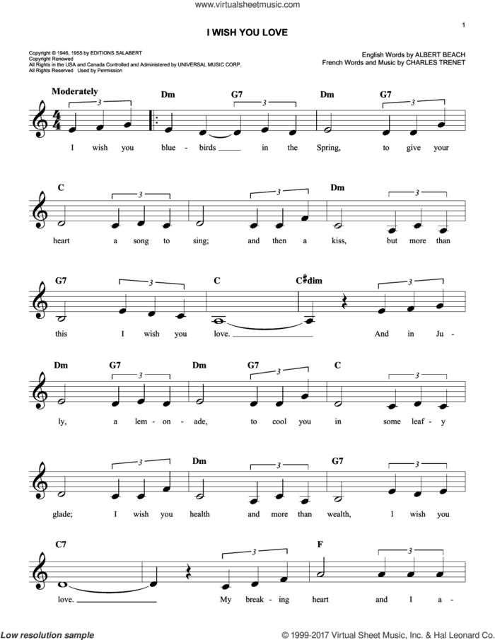 I Wish You Love sheet music for voice and other instruments (fake book) by Gloria Lynne, Albert Beach and Charles Trenet, easy skill level