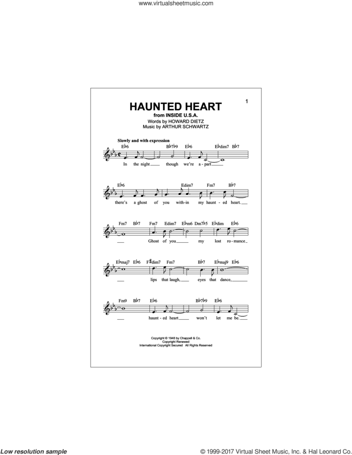 Haunted Heart sheet music for voice and other instruments (fake book) by Arthur Schwartz and Howard Dietz, intermediate skill level
