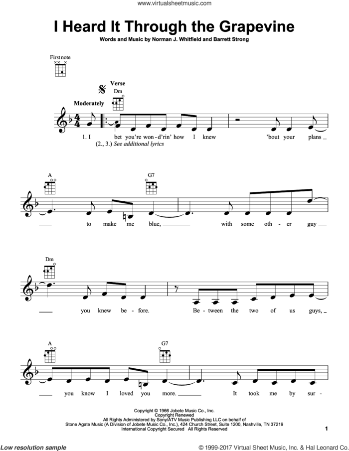 I Heard It Through The Grapevine sheet music for ukulele by Marvin Gaye, Gladys Knight & The Pips, Barrett Strong and Norman Whitfield, intermediate skill level