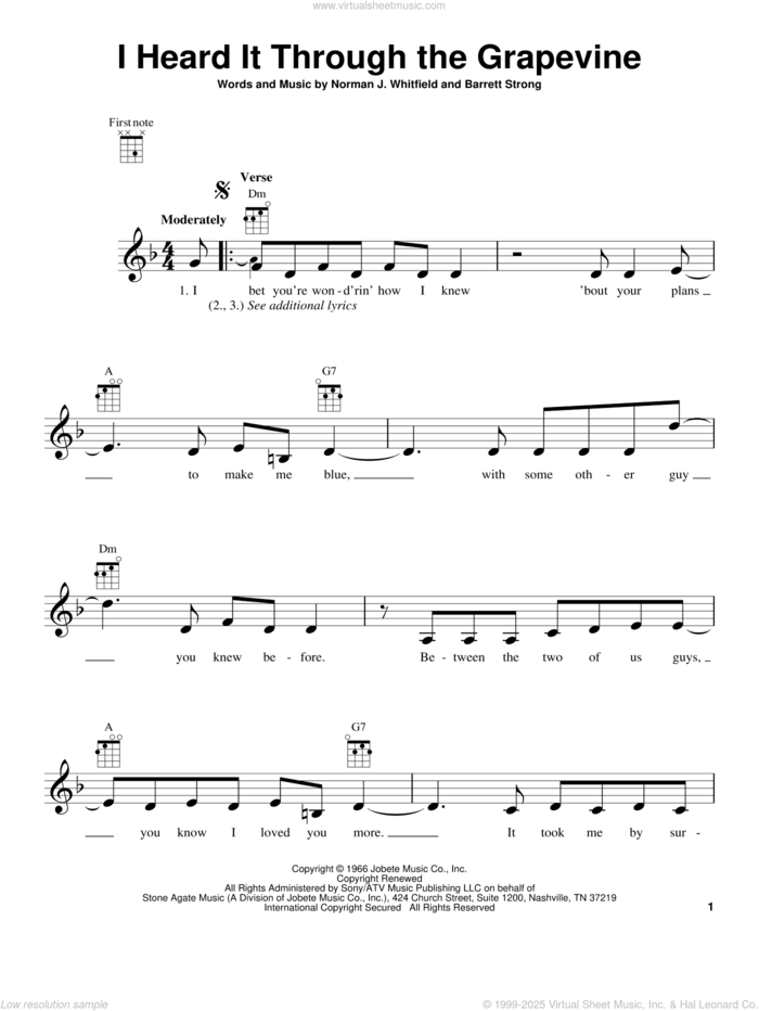 I Heard It Through The Grapevine sheet music for ukulele by Marvin Gaye, Gladys Knight & The Pips, Barrett Strong and Norman Whitfield, intermediate skill level