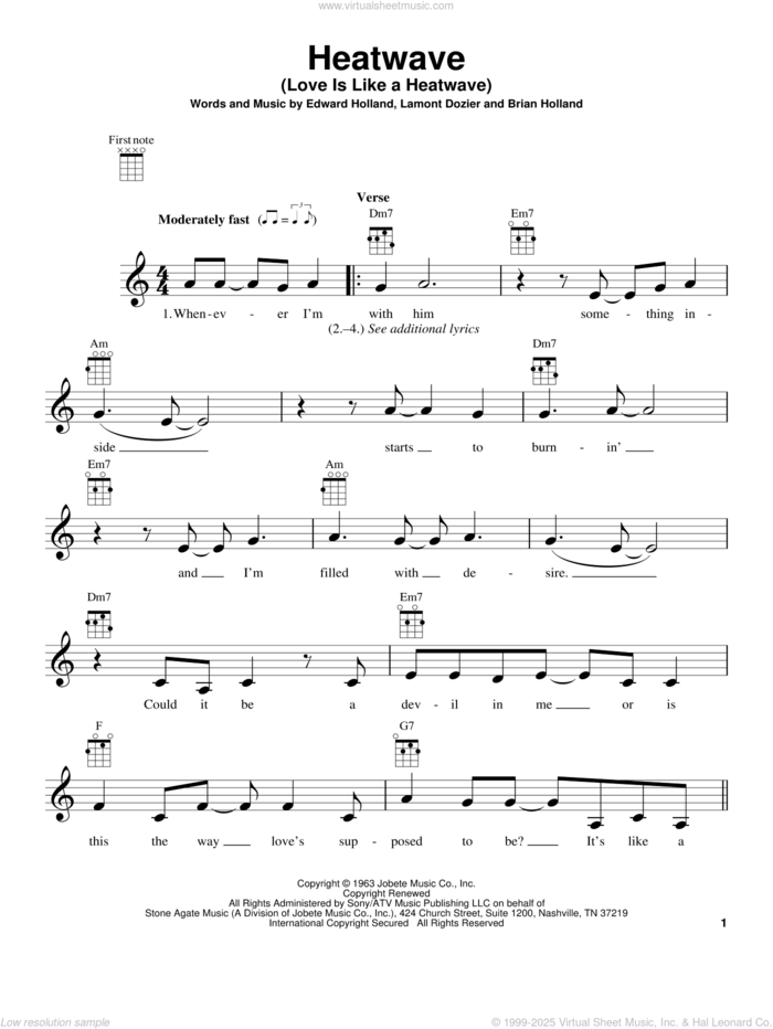 Heatwave (Love Is Like A Heatwave) sheet music for ukulele by Martha & The Vandellas, Linda Ronstadt, Brian Holland, Eddie Holland and Lamont Dozier, intermediate skill level