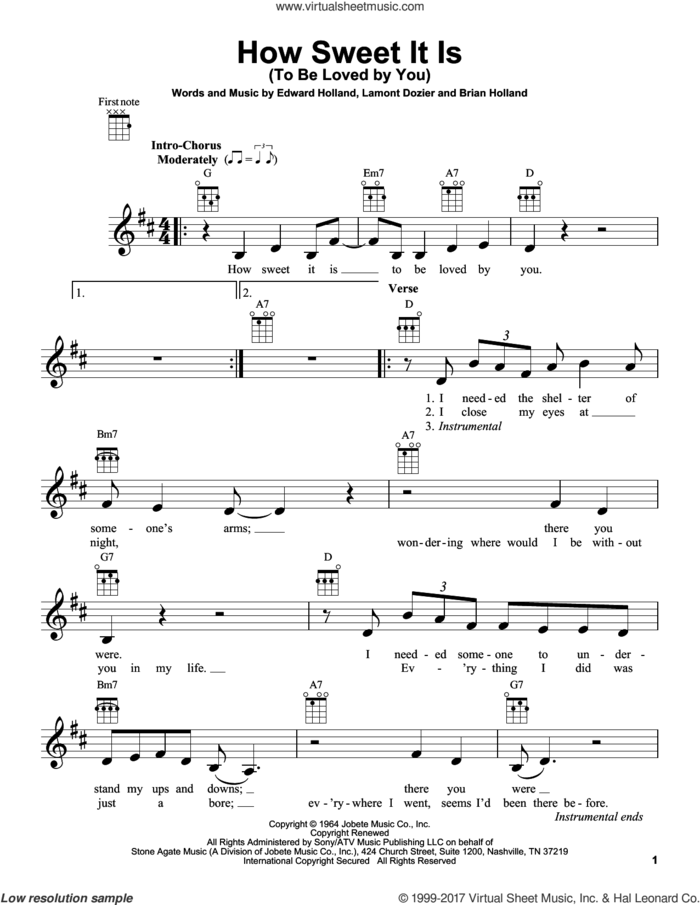 How Sweet It Is (To Be Loved By You) sheet music for ukulele by James Taylor, Marvin Gaye, Brian Holland, Eddie Holland and Lamont Dozier, intermediate skill level