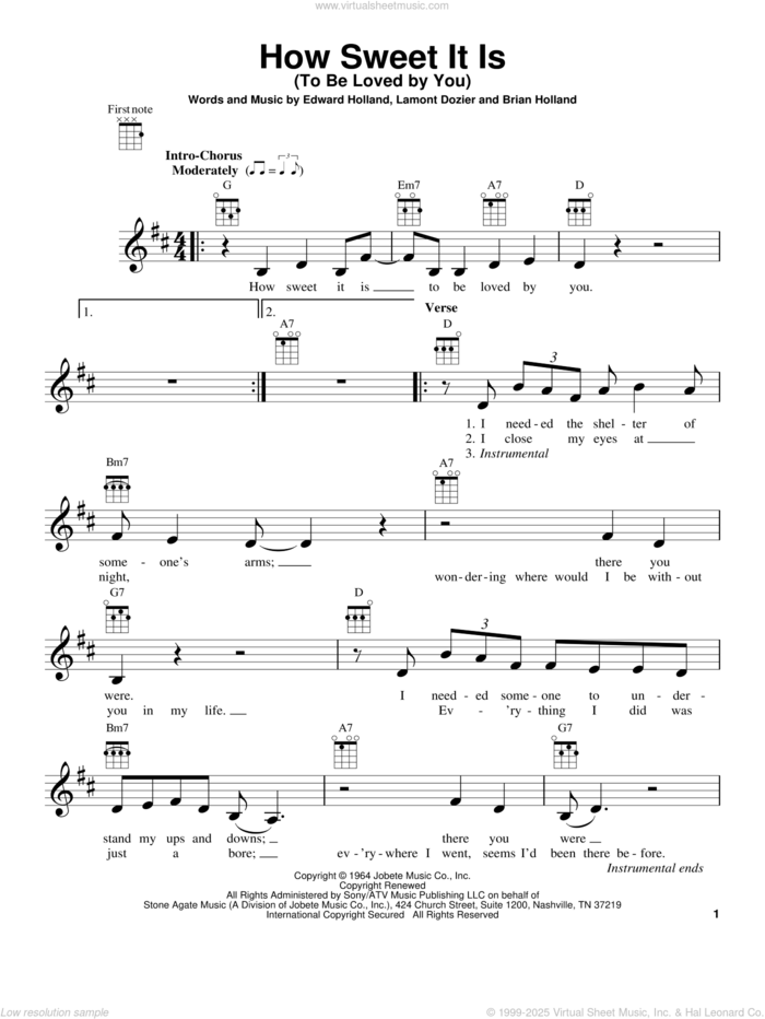 How Sweet It Is (To Be Loved By You) sheet music for ukulele by James Taylor, Marvin Gaye, Brian Holland, Eddie Holland and Lamont Dozier, intermediate skill level