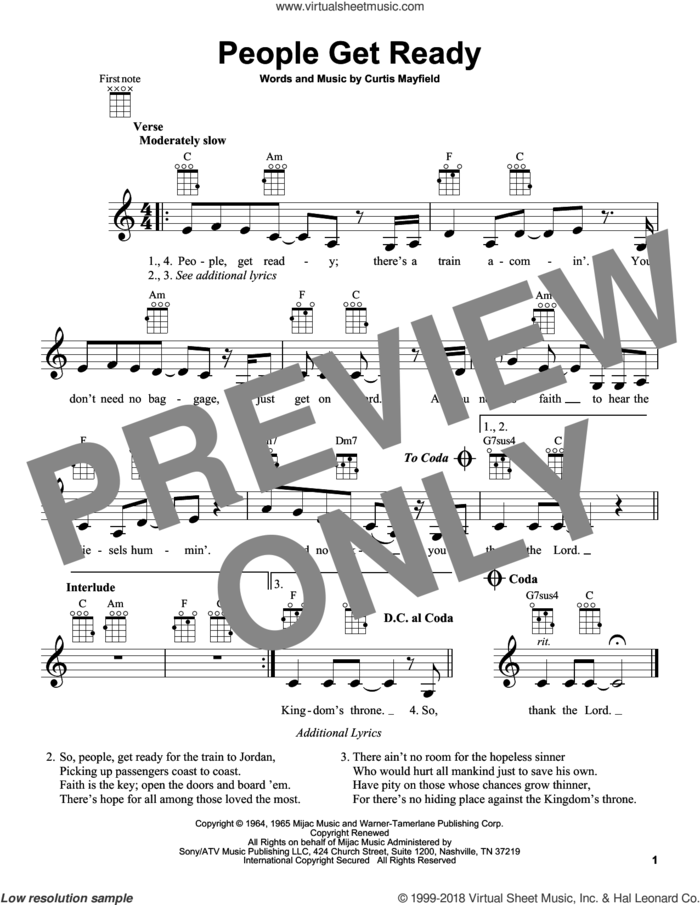 People Get Ready sheet music for ukulele by Curtis Mayfield, Bob Marley and Rod Stewart, intermediate skill level