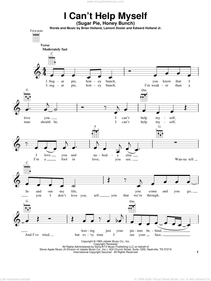I Can't Help Myself (Sugar Pie, Honey Bunch) sheet music for ukulele by The Four Tops, Brian Holland, Edward Holland Jr. and Lamont Dozier, intermediate skill level