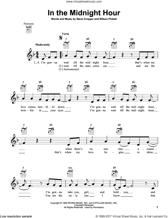 In The Midnight Hour sheet music for ukulele by Wilson Pickett and Steve Cropper, intermediate skill level