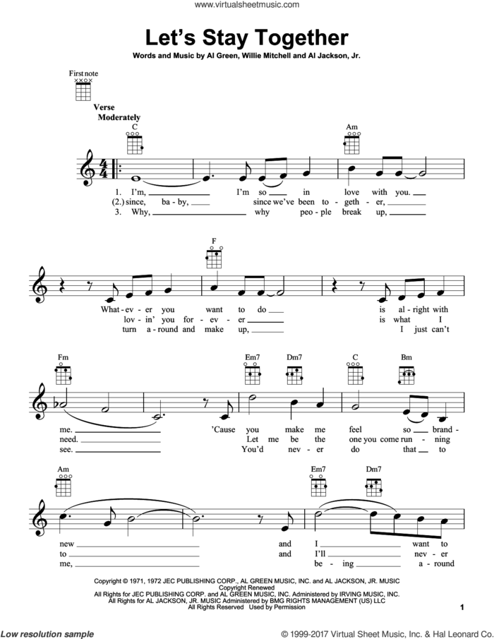 Let's Stay Together sheet music for ukulele by Al Green, Al Jackson, Jr. and Willie Mitchell, intermediate skill level