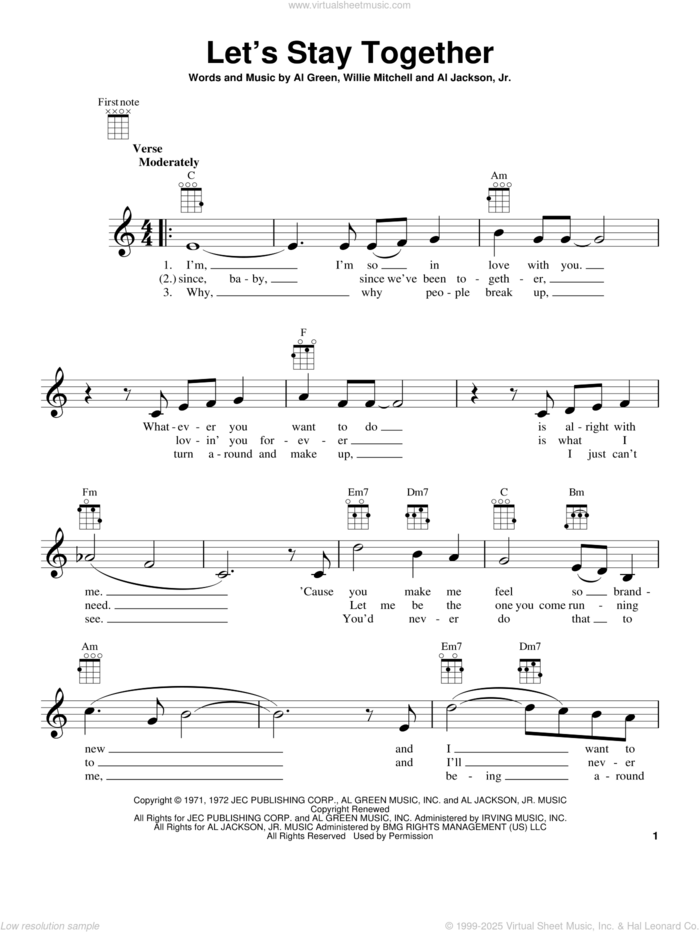 Let's Stay Together sheet music for ukulele by Al Green, Al Jackson, Jr. and Willie Mitchell, intermediate skill level