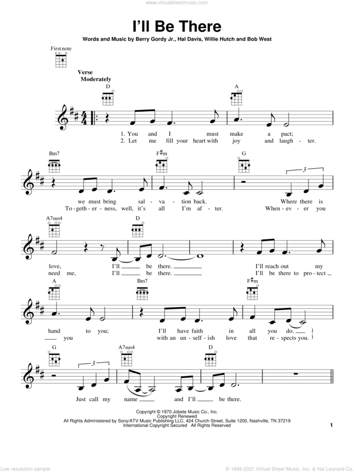 I'll Be There sheet music for ukulele by The Jackson 5, Berry Gordy Jr., Bob West, Hal Davis and Willie Hutch, intermediate skill level