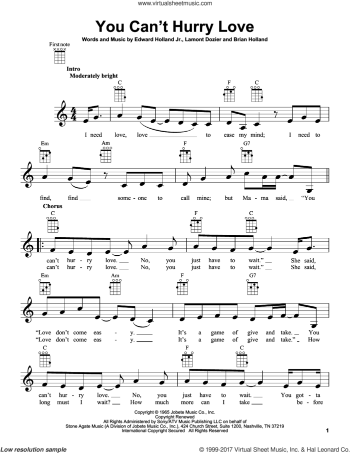 You Can't Hurry Love sheet music for ukulele by The Supremes, Brian Holland, Edward Holland Jr. and Lamont Dozier, intermediate skill level