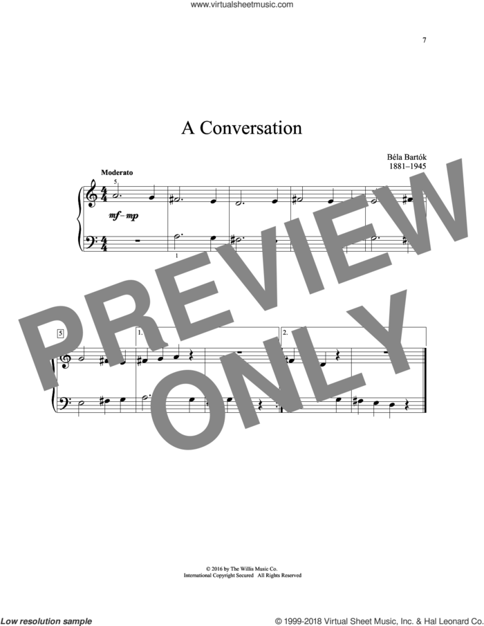 A Conversation sheet music for piano solo (elementary) by Bela Bartok, classical score, beginner piano (elementary)