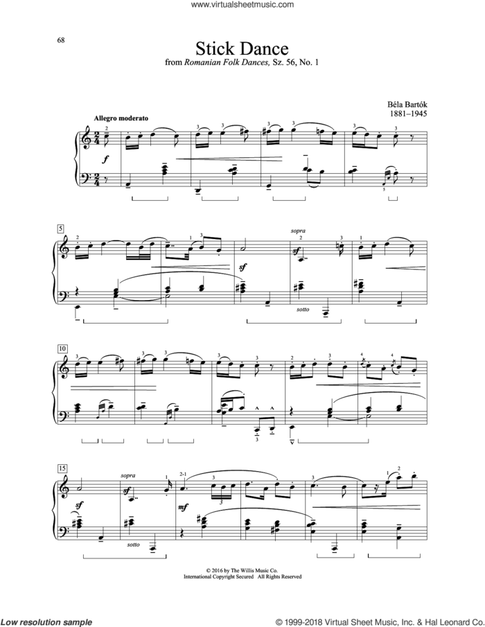 Stick Dance sheet music for piano solo (elementary) by Bela Bartok, classical score, beginner piano (elementary)