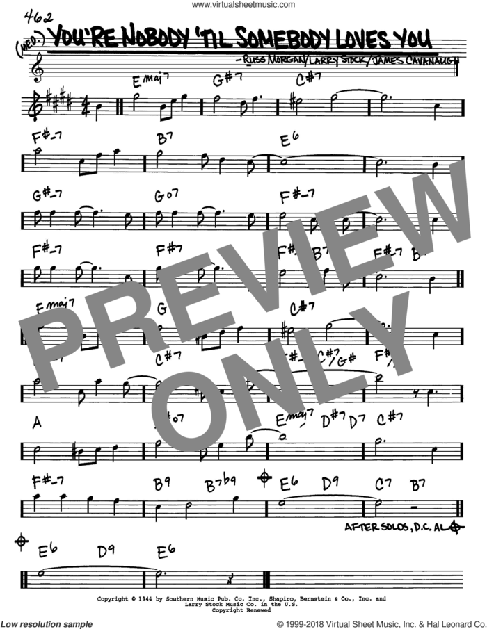 You're Nobody 'Til Somebody Loves You sheet music for voice and other instruments (in Eb) by Dean Martin, Frank Sinatra, James Cavanaugh, Larry Stock and Russ Morgan, intermediate skill level
