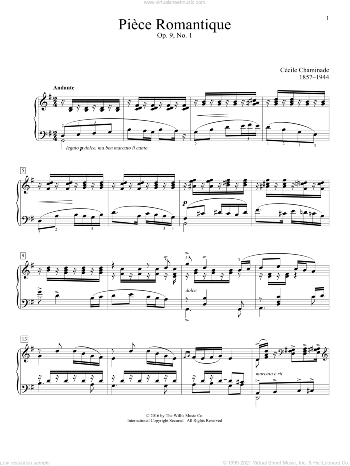 Piece Romantique, Op. 9, No. 1 sheet music for piano solo (elementary) by Cecile Chaminade, classical score, beginner piano (elementary)