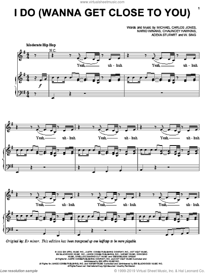 I Do (Wanna Get Close To You) sheet music for voice, piano or guitar by 3LW featuring P. Diddy & Loon, 3LW, Loon, P. Diddy, Adeka Stupart, Chauncey Hawkins and Mario Winans, intermediate skill level
