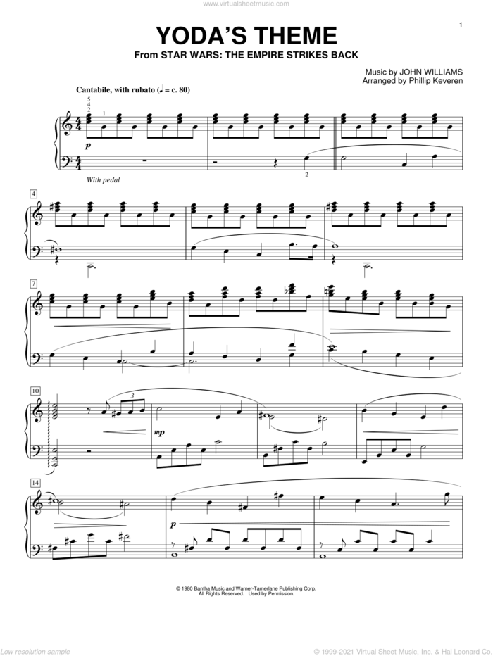 Yoda's Theme (from Star Wars: The Empire Strikes Back) (arr. Phillip Keveren) sheet music for piano solo by John Williams and Phillip Keveren, intermediate skill level