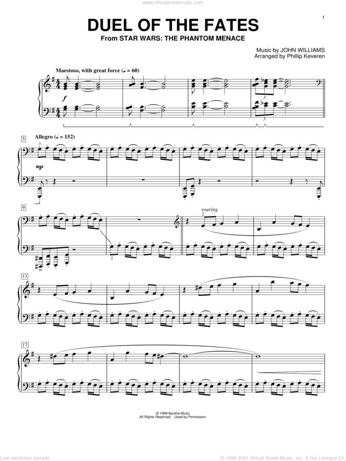 Duel Of The Fates (from Star Wars: The Phantom Menace) (arr. Phillip Keveren) sheet music for piano solo by John Williams and Phillip Keveren, intermediate skill level