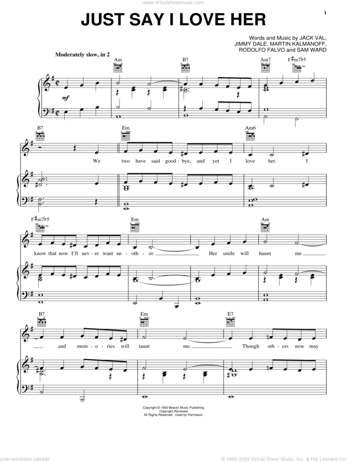 Just Say I Love Her sheet music for voice, piano or guitar by Engelbert Humperdinck, Jack Val, Jimmy Dale, Martin Kalmanoff, Rodolfo Falvo and Sam Ward, intermediate skill level