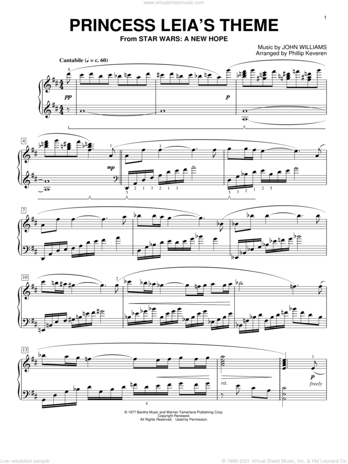 Princess Leia's Theme (arr. Phillip Keveren) sheet music for piano solo by John Williams and Phillip Keveren, intermediate skill level