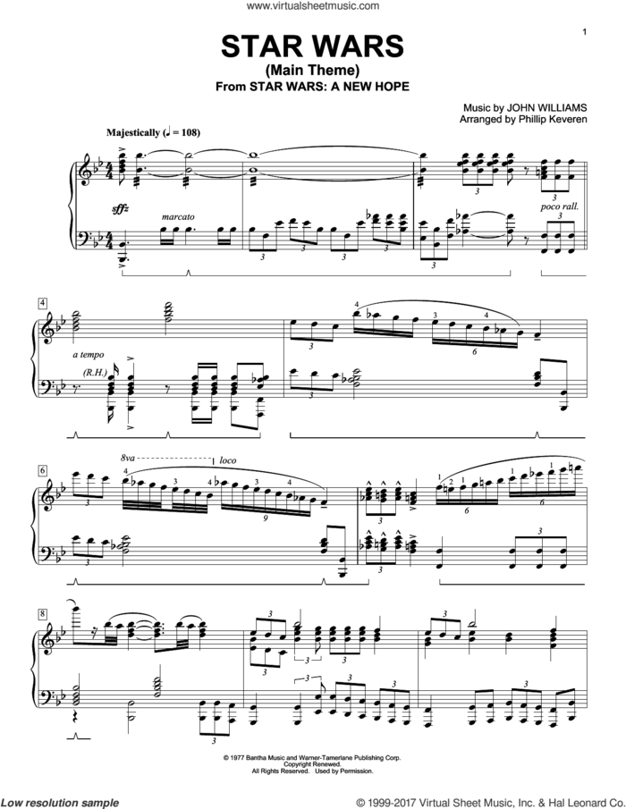 Star Wars (Main Theme) (arr. Phillip Keveren) sheet music for piano solo by John Williams and Phillip Keveren, classical score, intermediate skill level