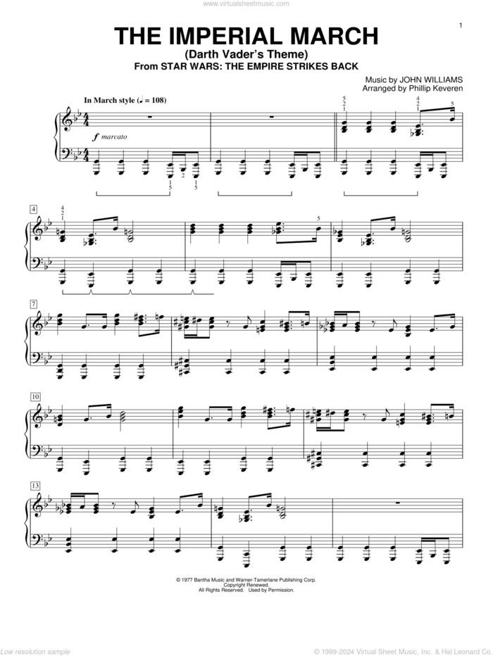 The Imperial March (Darth Vader's Theme) (arr. Phillip Keveren) sheet music for piano solo by John Williams and Phillip Keveren, intermediate skill level