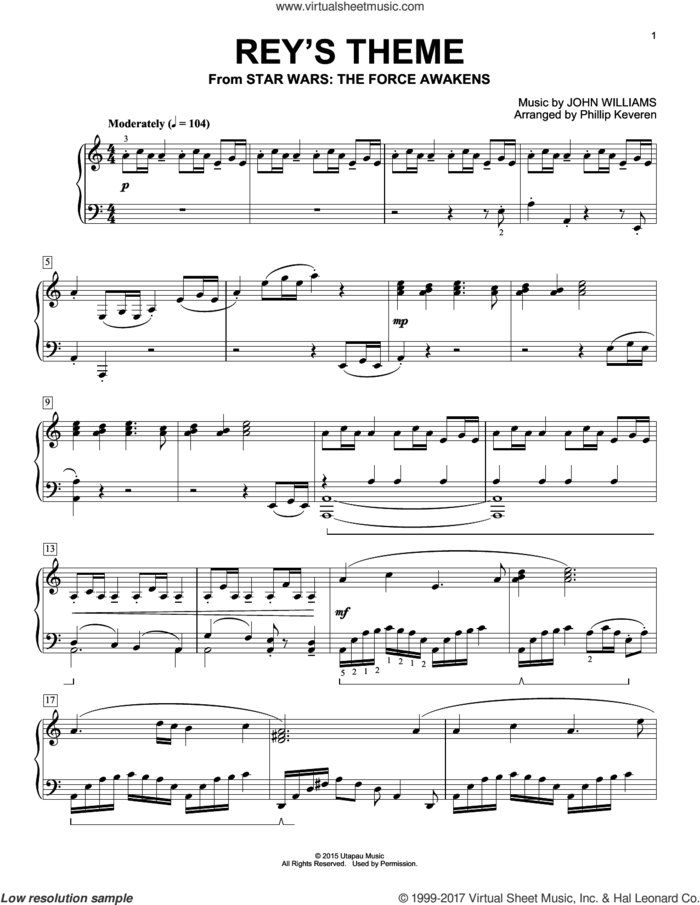 Rey's Theme (arr. Phillip Keveren) sheet music for piano solo by John Williams and Phillip Keveren, intermediate skill level