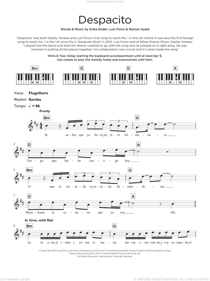 Despacito sheet music for piano solo (keyboard) by Luis Fonsi & Daddy Yankee feat. Justin Bieber, Daddy Yankee and Luis Fonsi, intermediate piano (keyboard)