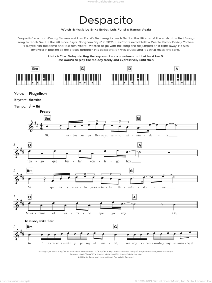 Despacito sheet music for piano solo (keyboard) by Luis Fonsi & Daddy Yankee feat. Justin Bieber, Daddy Yankee and Luis Fonsi, intermediate piano (keyboard)