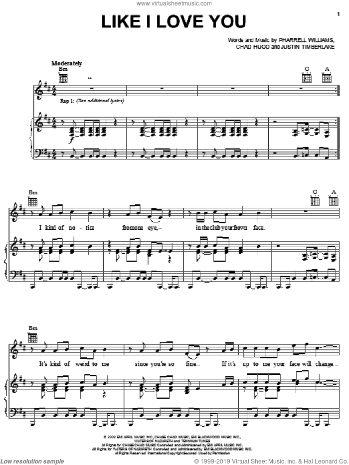 Like I Love You sheet music for voice, piano or guitar by Justin Timberlake, Chad Hugo and Pharrell Williams, intermediate skill level
