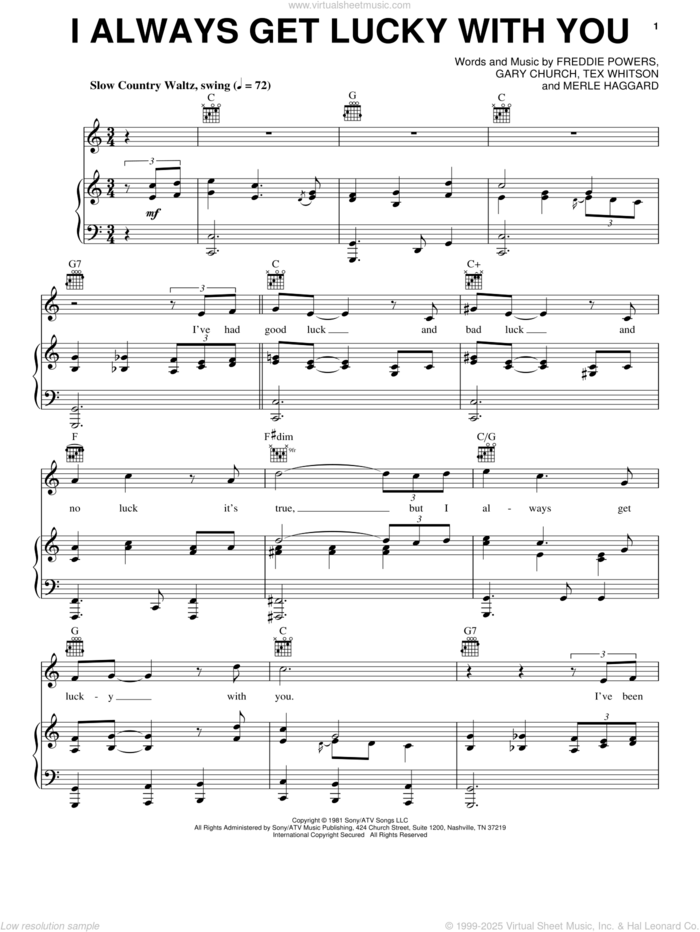 I Always Get Lucky With You sheet music for voice, piano or guitar by George Jones, Freddie Powers, Gary Church, Merle Haggard and Tex Whitson, intermediate skill level