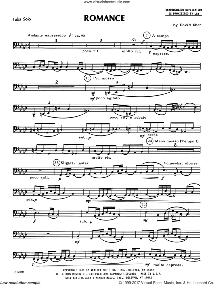 Romance (complete set of parts) sheet music for tuba and piano by David Uber, intermediate skill level