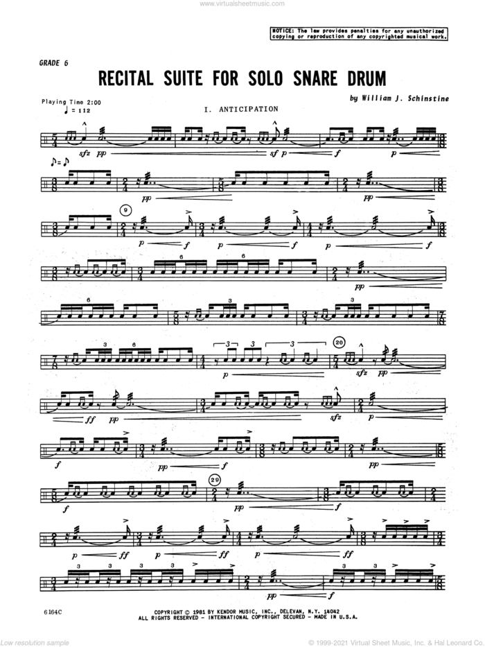 Recital Suite For Solo Snare Drum sheet music for percussions by William Schinstine, intermediate skill level