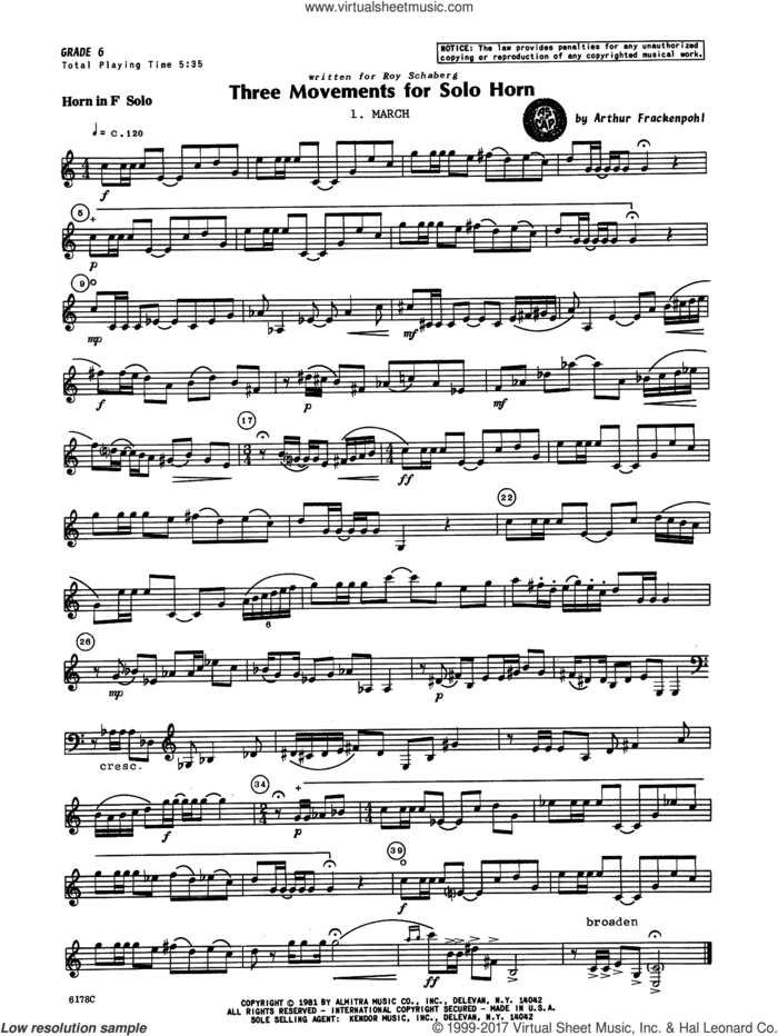 Three Movements For Solo Horn sheet music for horn solo by Arthur Frankenpohl, intermediate skill level