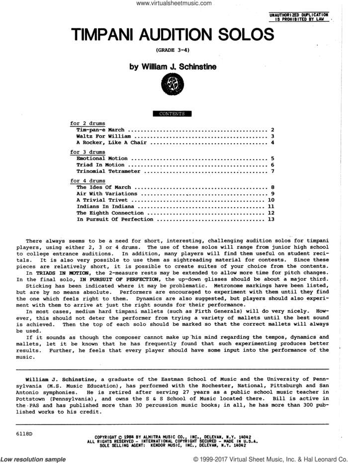 Timpani Audition Solos sheet music for percussions by William Schinstine, intermediate skill level