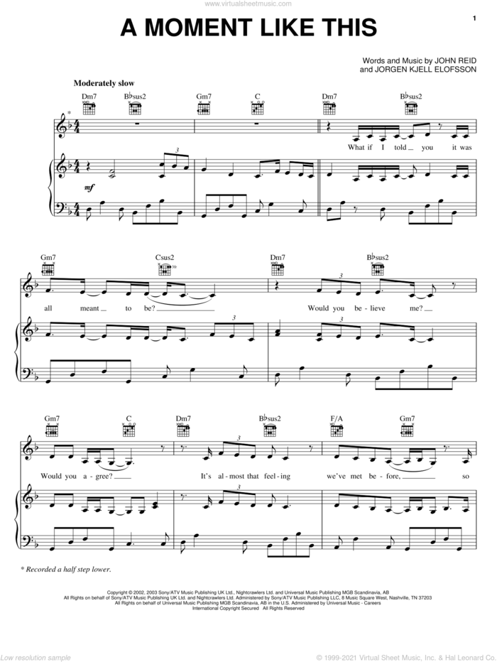A Moment Like This sheet music for voice, piano or guitar by Kelly Clarkson, John Reid and Jorgen Elofsson, intermediate skill level