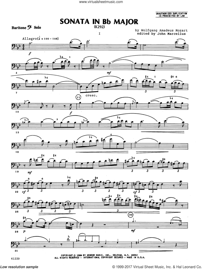 Sonata In Bb Major (K292) (complete set of parts) sheet music for baritone T.C., B.C and piano by Wolfgang Amadeus Mozart and John Marcellus, classical score, intermediate skill level