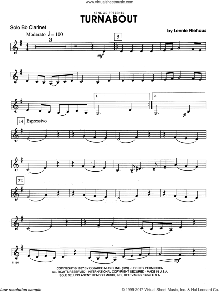 Turnabout (complete set of parts) sheet music for clarinet and piano by Lennie Niehaus, intermediate skill level