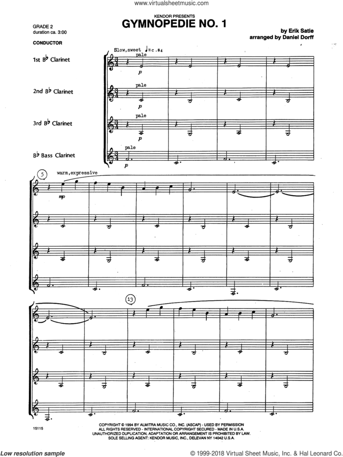Gymnopedie No. 1 (COMPLETE) sheet music for clarinet quartet by Erik Satie and Daniel Dorff, classical score, intermediate skill level