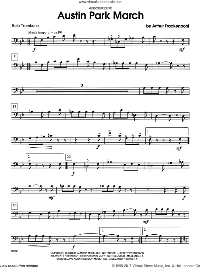Austin Park March (complete set of parts) sheet music for trombone and piano by Arthur Frankenpohl, intermediate skill level