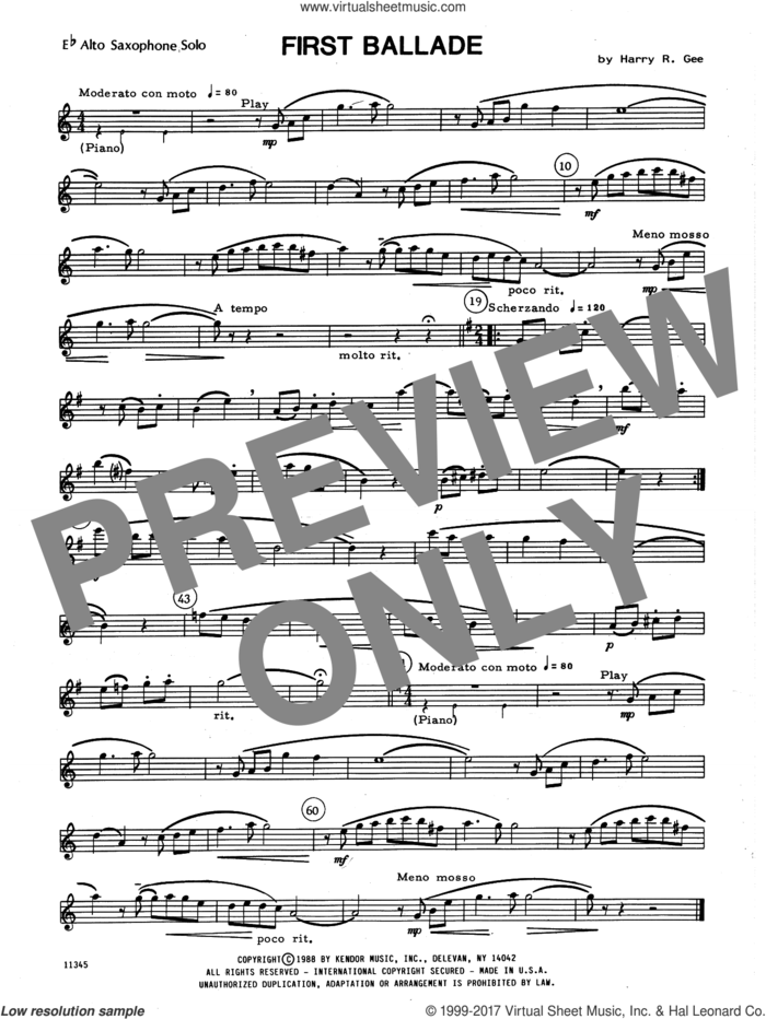 First Ballade (complete set of parts) sheet music for alto saxophone and piano by Harry Gee, intermediate skill level