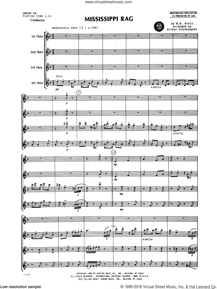 Mississippi Rag (COMPLETE) sheet music for flute quartet by Arthur Frankenpohl and William Henry Krell, intermediate skill level