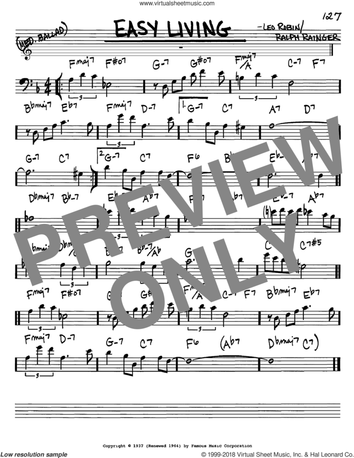 Easy Living sheet music for voice and other instruments (bass clef) by Billie Holiday, Leo Robin and Ralph Rainger, intermediate skill level
