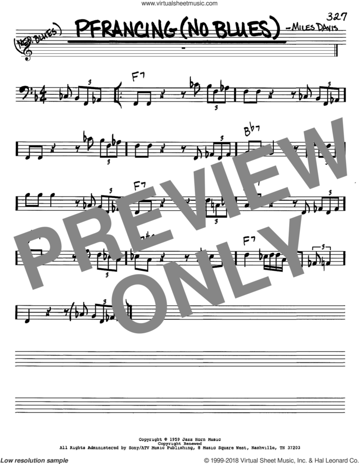 Pfrancing (No Blues) sheet music for voice and other instruments (bass clef) by Miles Davis, intermediate skill level